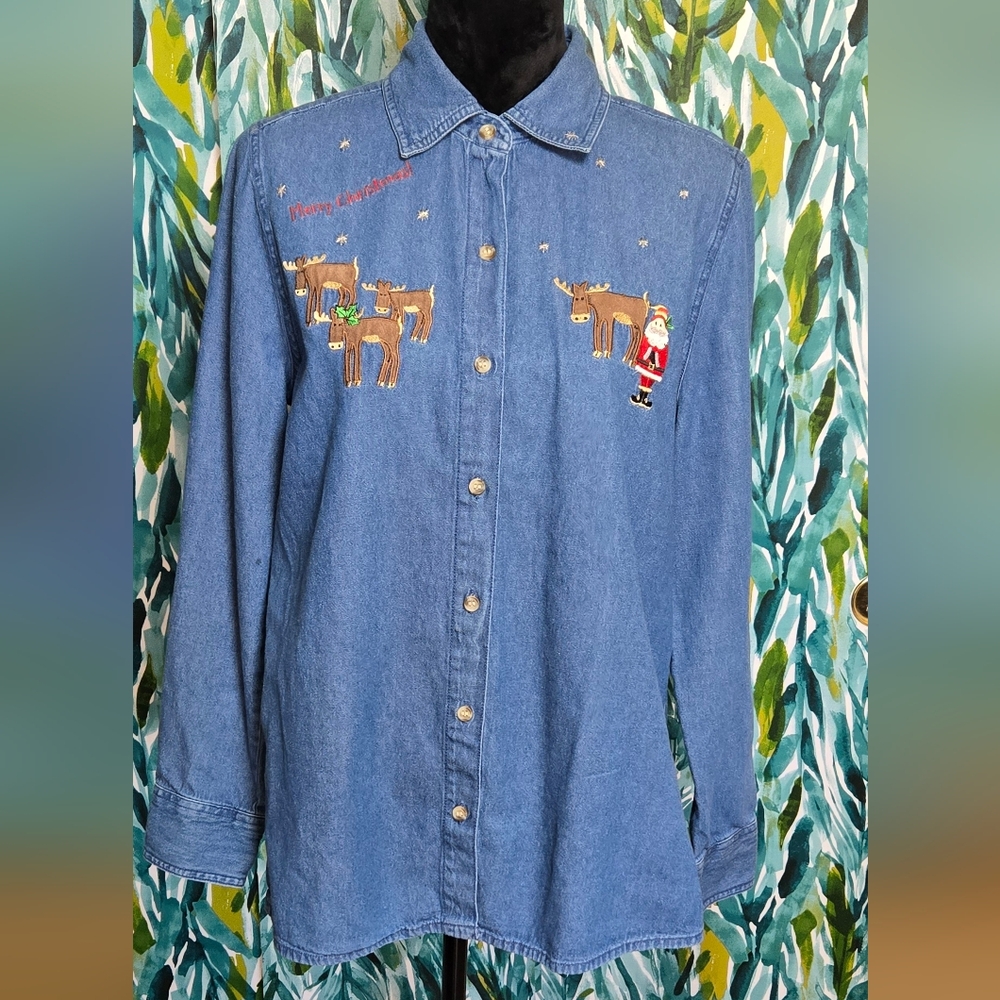 Vintage Denim Embroidered Christmas Shirt